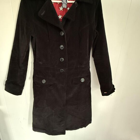 Tommy Jeans Coat Womens Medium Black Corduroy Long Jacket Red Star Lining - Picture 4 of 13